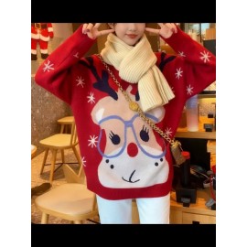 Plus Size, Women's Christmas Reindeer & Snowflake Jacquard Sweater - Loose Fit Pullover Sweaters with Reindeer Patterns, Round Neck Winter Sweaters for Xmas Parties, Casual Holiday Outfits (Bright Colors) - Cozy Winter Wear for non-Stretch