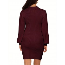 Plus Size - Pregnant Women Maternity Sweater Dress Turtleneck Puff Sleeve Slim Fit Bodycon Mini Dress
