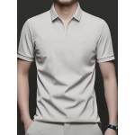 Men's Summer Short-Sleeve Collar Knit Shirt - Breathable V-Notch Blouse, Machine-Washable Casual & -Casual Tunic Top, Color-Blocking Trim (Short T) for Spring/Summer - In Stock 2518