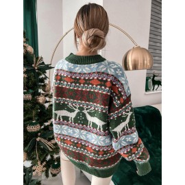 Women's Christmas Jacquard Sweater - Reindeer & Snowflake Cable- Pattern, Brown/White/Blue/Green/Red, Loose Fit Long Sleeve Round Neck Pullover, Cozy Winter Sweater for Holiday Parties & Casual Wear (Machine Washable)