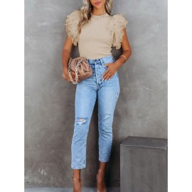 Women'S Apricot Dotted Mesh Ruffle Sleeve Top - Spring Summer Fall Casual to Semi-Formal Shirt, H-Line Silhouette with Round Neck & Breathable Mesh Back, Lightweight Stretchy Blouse for Beach Outfits, Brunch & Casual Attire, Versatile Layering Piece
