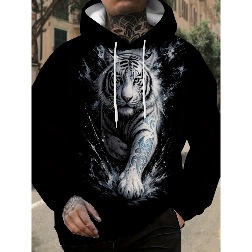 Men'S Plus-Size Hoodie with 3D Print Black Background And White Tiger Totem Design, a Trendy Streetwear Piece Featuring a Unique Animal Pattern, Plus Size