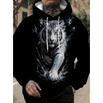Men'S Plus-Size Hoodie with 3D Print Black Background And White Tiger Totem Design, a Trendy Streetwear Piece Featuring a Unique Animal Pattern, Plus Size
