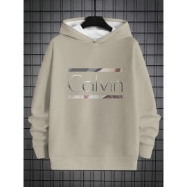 Men's Plus Size Oversized Hooded Sweatshirt - Khaki with Letter 'H' Print, Casual Pullover Hoodie, Machine Washable Comfortable Sweater for Big & Tall Men, PLUS SIZE