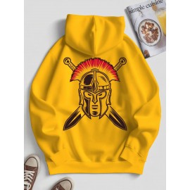 Spartan Men's Spartan Helmet and Spear Print Hooded Sweatshirt - Oversized Street Style Pullover in Beige with Red Spartan Print, Soft Warm Winter Top, Ideal Gift for History Enthusiasts, Casual Wear, Comfortable Clothing, Vintage Aesthetic, Durable