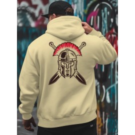 Spartan Men's Spartan Helmet and Spear Print Hooded Sweatshirt - Oversized Street Style Pullover in Beige with Red Spartan Print, Soft Warm Winter Top, Ideal Gift for History Enthusiasts, Casual Wear, Comfortable Clothing, Vintage Aesthetic, Durable