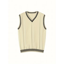 Men's V-neck Pullover Vest Cardigan, College Style Knitted Sleeveless Sweater