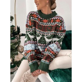 Women's Christmas Jacquard Sweater - Reindeer & Snowflake Cable- Pattern, Brown/White/Blue/Green/Red, Loose Fit Long Sleeve Round Neck Pullover, Cozy Winter Sweater for Holiday Parties & Casual Wear (Machine Washable)