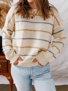 Women'S Multicolor Striped Round Neck Sweater Dress - Long Sleeve A-Line Mini Dress with Multicolor Horizontal Stripes (Pink/) | Spring/Fall Casual to Semi-Formal Outfits | Easy-Care Round Neck Design & Versatile Layering Piece