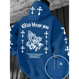 Men'S Christian Faith Hooded Sweatshirt with Prayer Hands & Cross Design - All-Season Casual Pullover, Machine Washable, Kangaroo Pocket & Drawstring Hood, Plus Size, Church Activities & Casual Attire